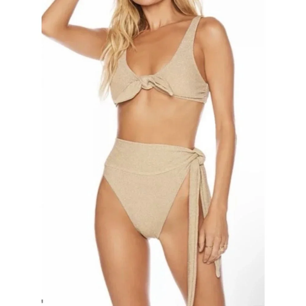 Beach Riot Gold Metallic Bikini Set  Grace Tie Front Top (M) & Claire Bottom (S)